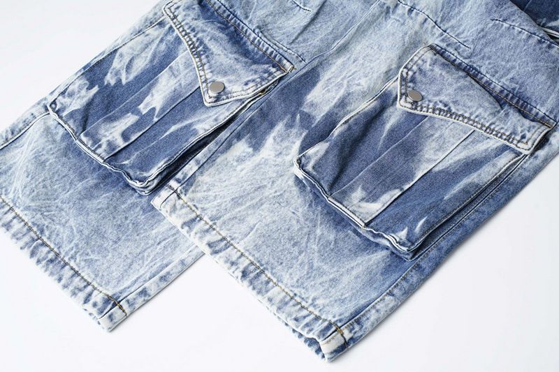 Calças de trabalho com bolsos grandes e design tie-dye americano para homens e mulheres, jeans de hip-hop de perna larga e corte solto_voghion.com
