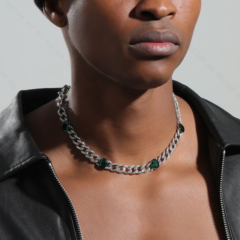 Collar de esmeralda de hip hop para hombre, cadena cubana de circonitas de 9 mm, estilo ovalado, de alta gama, estilo hip hop._voghion.com