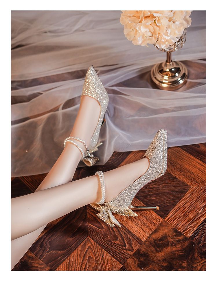 1089-60B Wodoodporna platforma, francuska suknia ślubna z kryształkami i cekinami, dla dorosłych, perłowy łańcuszek, kokarda, wysokie obcasy dla kobiet_voghion.com