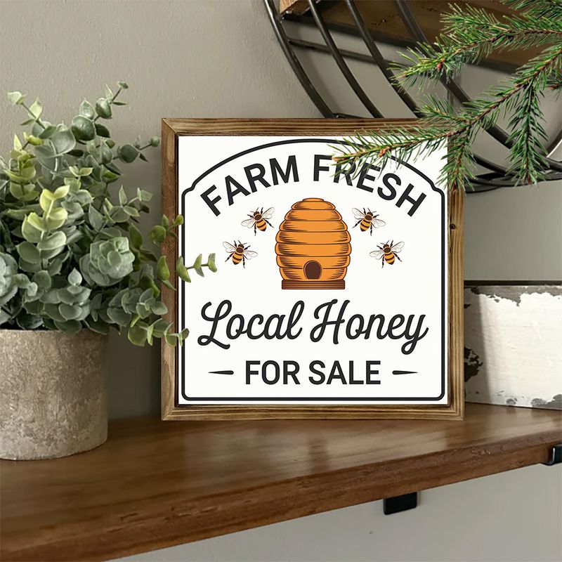 Panneau en bois « 8 x 8 » « Miel frais de la ferme » – Décoration murale/étagère rustique pour cuisine | Cadeau idéal pour les fêtes_voghion.com