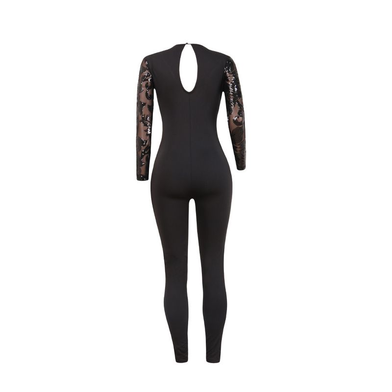 Eng anliegender, mit Perlen besetzter, durchsichtiger Nachtclub-Jumpsuit mit tiefem V-Ausschnitt für Damen_voghion.com