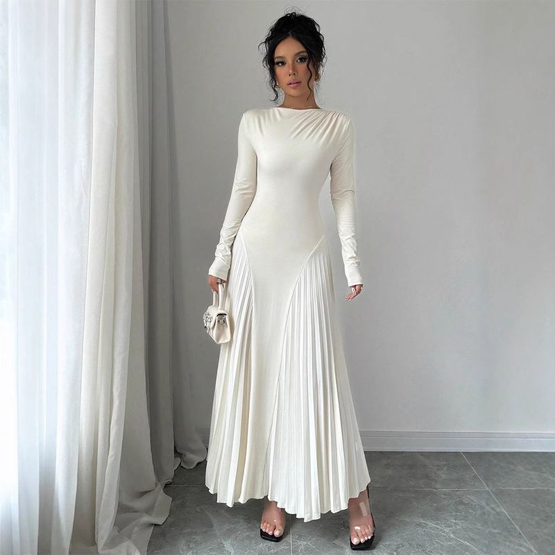 Nuovo abito plissettato a maniche lunghe lavorato a maglia, gonna lunga, elegante, sottile, versatile, alla moda_voghion.com