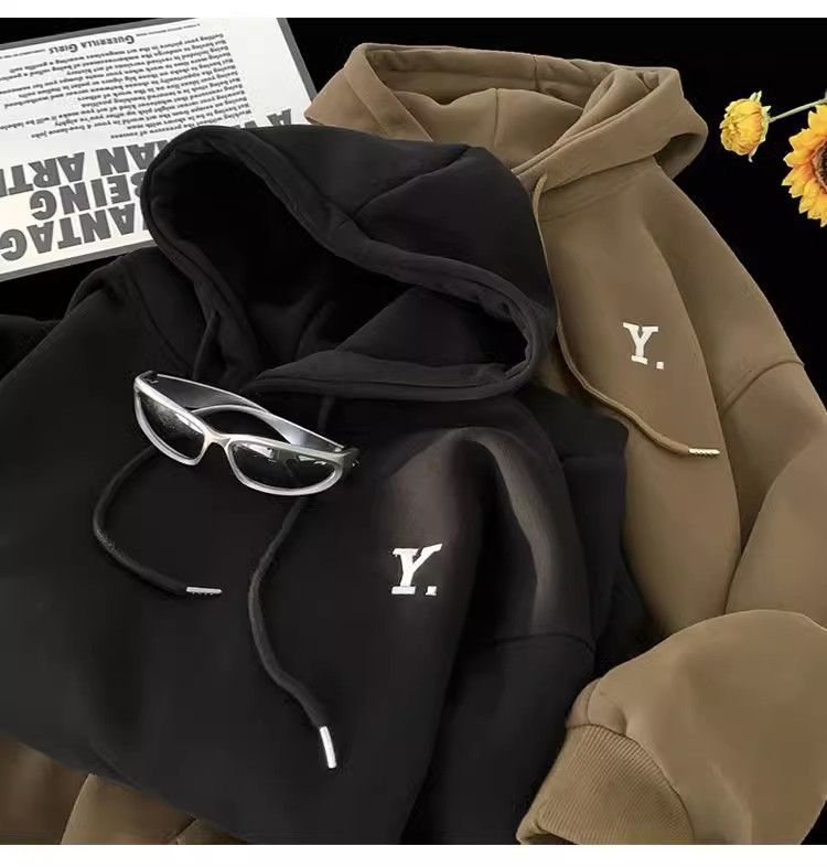 Felpa con cappuccio e stampa di lettere in velluto Silver Fox, versione coreana, stile coppia, giacca sportiva casual autunnale e invernale per uomo_voghion.com