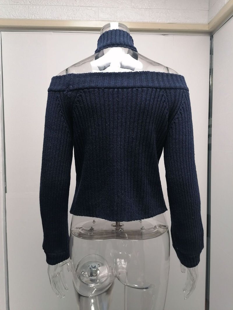 Vrouwen forens OL grote maat sexy off-the-shoulder effen kleur slim-fit gebreide trui vrouwelijk_voghion.com