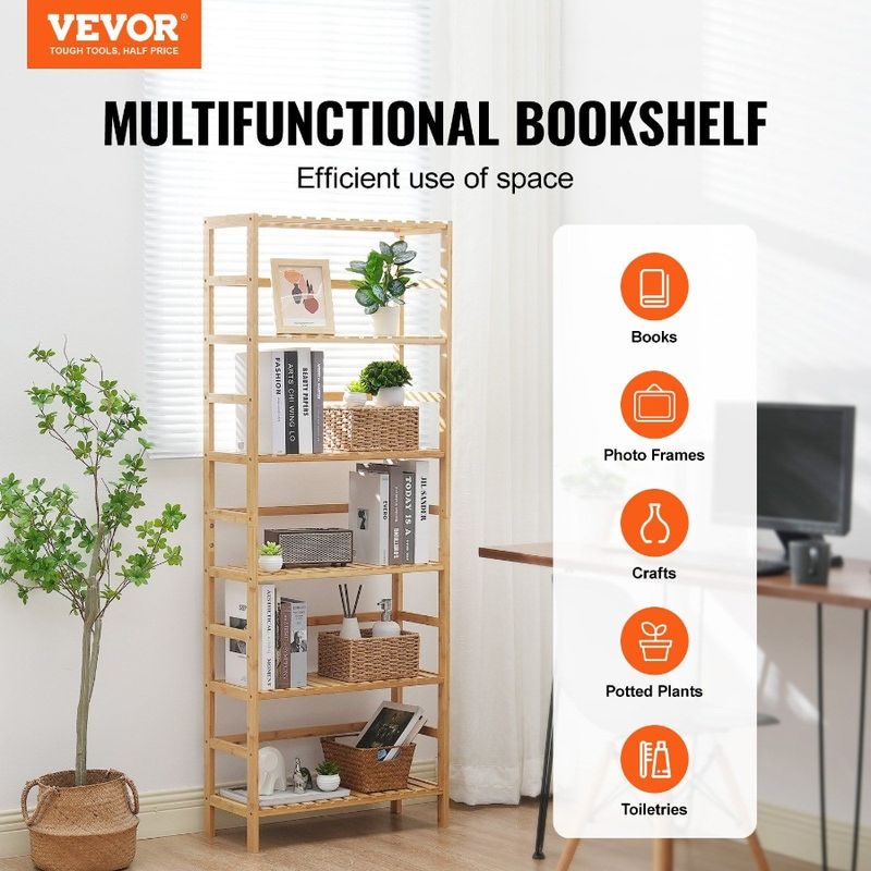 Rack 6 Tiers Bamboo Rectangle Bookshelf Bamboo Storage Bookcase Ladder_voghion.com