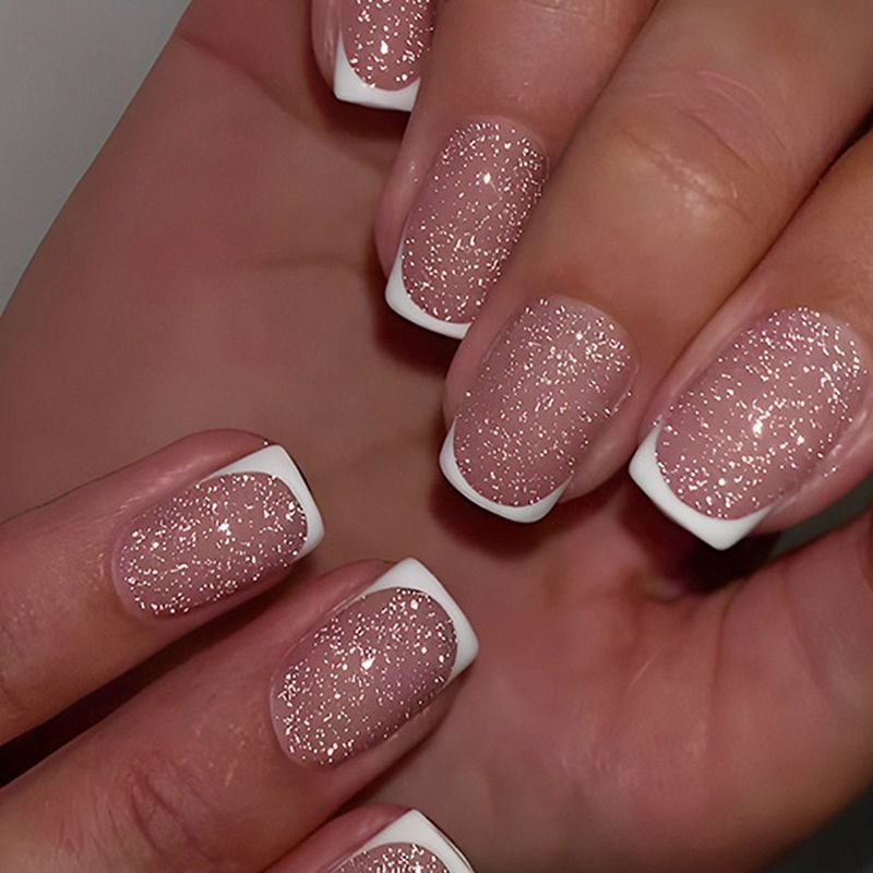 Unghie finte, tinta unita, indossabili, nail art francese con glitter, staccabili, adesivi per unghie semplici_voghion.com