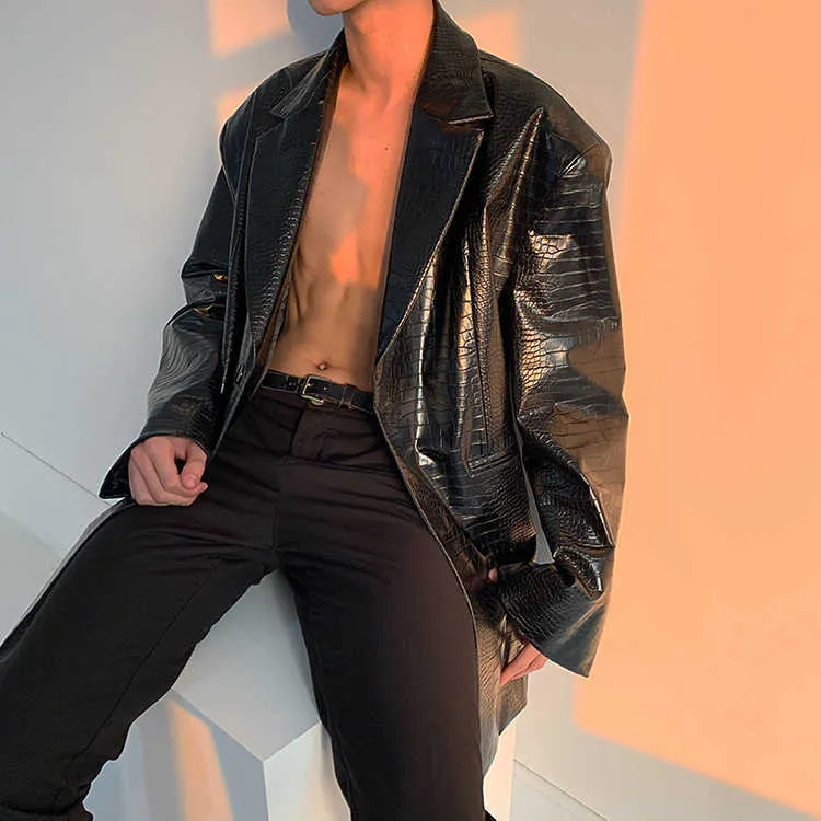 Giacca da uomo in ecopelle Buatan Mengilap Gambar Buaya Reflektif Hitam Musim Semi Muroicardi untuk Pria Blazer Kulit_voghion.com