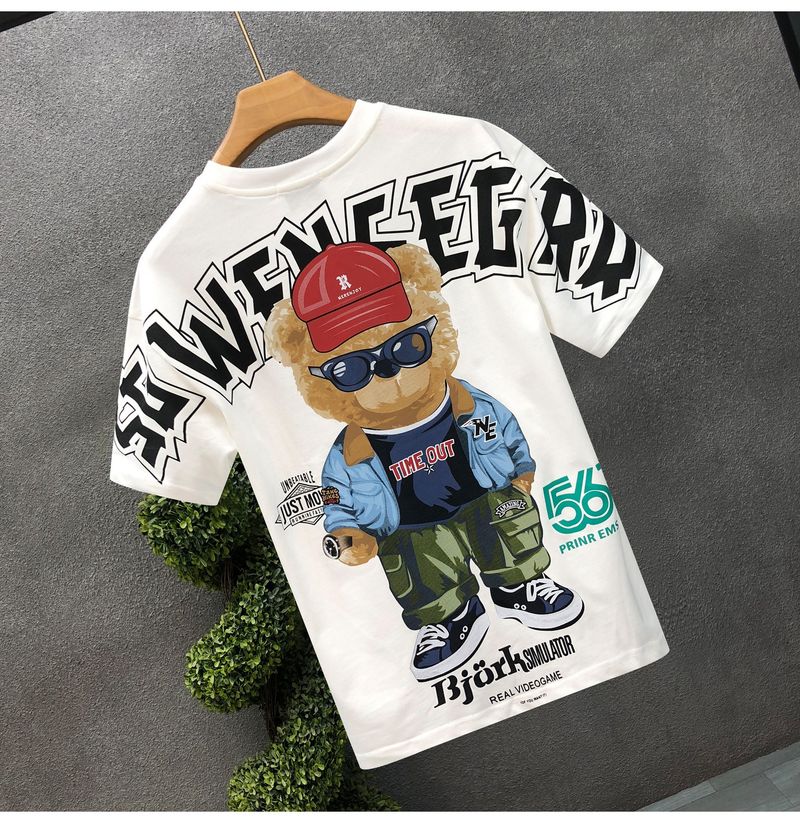 Herrenbekleidung Kurzarm-T-Shirt mit Cartoon-Bär-Aufdruck für Herren, Sommermode, All-Match, lässiger Rundhalspullover, lockeres Oberteil_voghion.com
