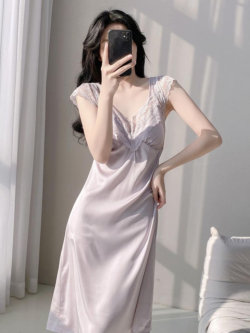 Sonno estivo sensuale! Abito in pizzo di seta ghiacciata trasparente con reggicalze e protezioni per il petto_voghion.com