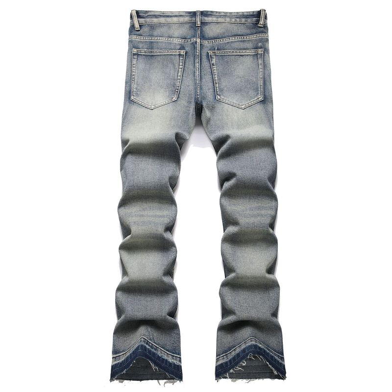 Jeans da uomo in denim svasato, slim fit, blu lavato, a vita media - Moda di strada con dettagli ricamati e comfort elastico_voghion.com