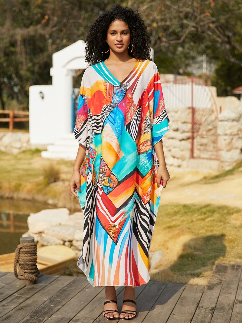 Sukienka maxi z nadrukiem w stylu boho, damska, narzutka z wiskozy – zwiewna tunika plażowa z etnicznymi wzorami, luźny krój w dużych rozmiarach, narzutka na bikini, strój na wakacje_voghion.com