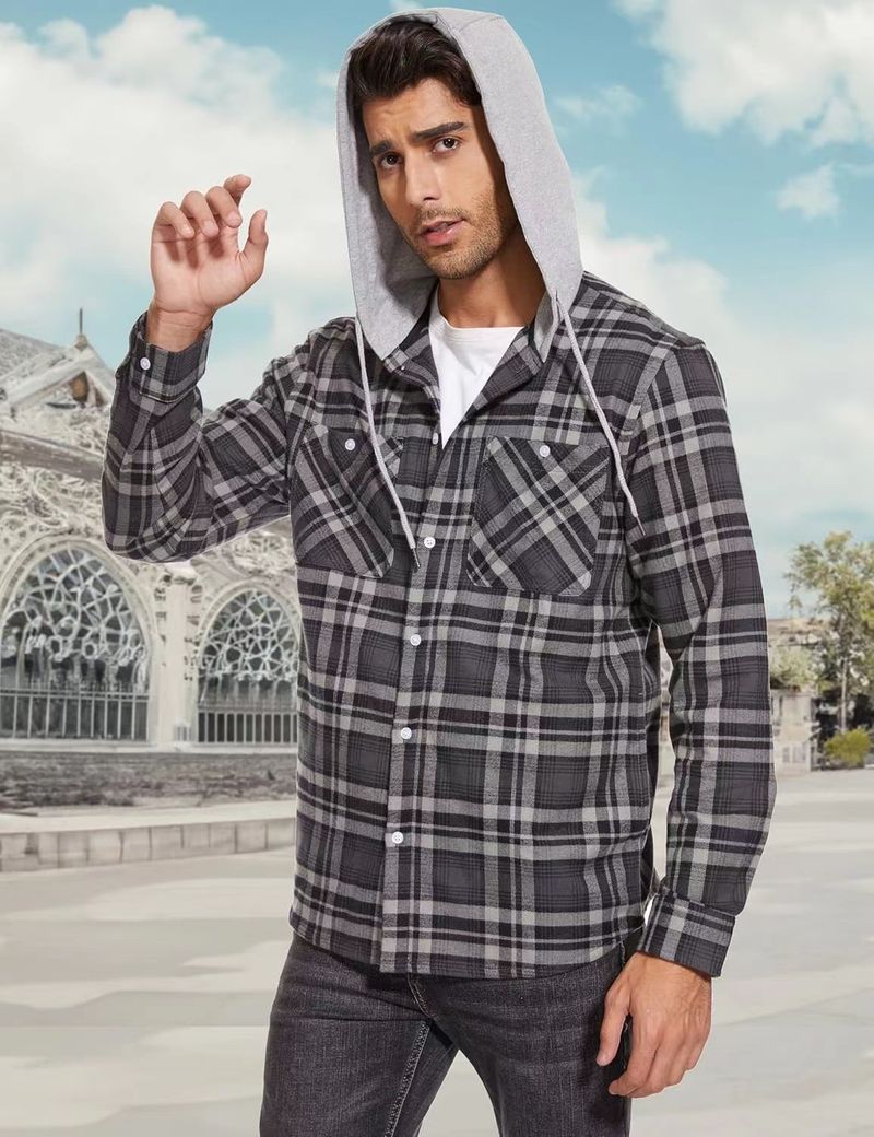 Herrenbekleidung Herbst und Winter Heißes Herren Flanellhemd Baumwolle Langärmliges Kariertes Hemd Lässiges Kapuzenhemd_voghion.com