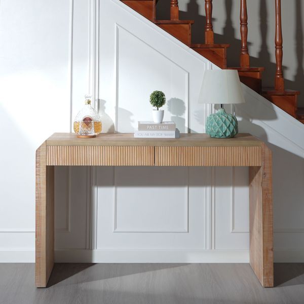 Rustic Wooden Console Table With Drawer – Minimalist Design, Ribbed Texture, And Natural Finish_voghion.com