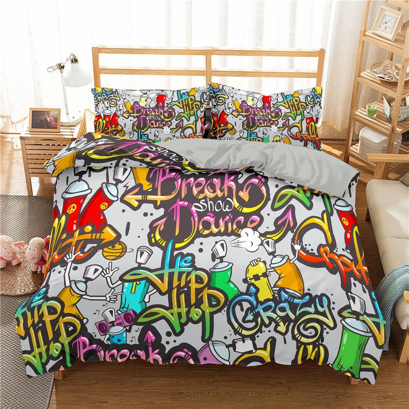 Set di tre pezzi per letto con stampa digitale, copripiumino in poliestere con graffiti di moda, biancheria da letto_voghion.com