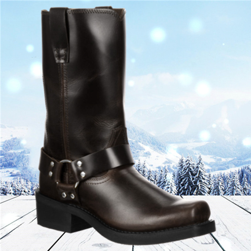 Men's Western Cowboy Boots Fashion Leather Country Boots Classic Square Toe Mid-Calf Boots Heel Knight Men's Boots_voghion.com
