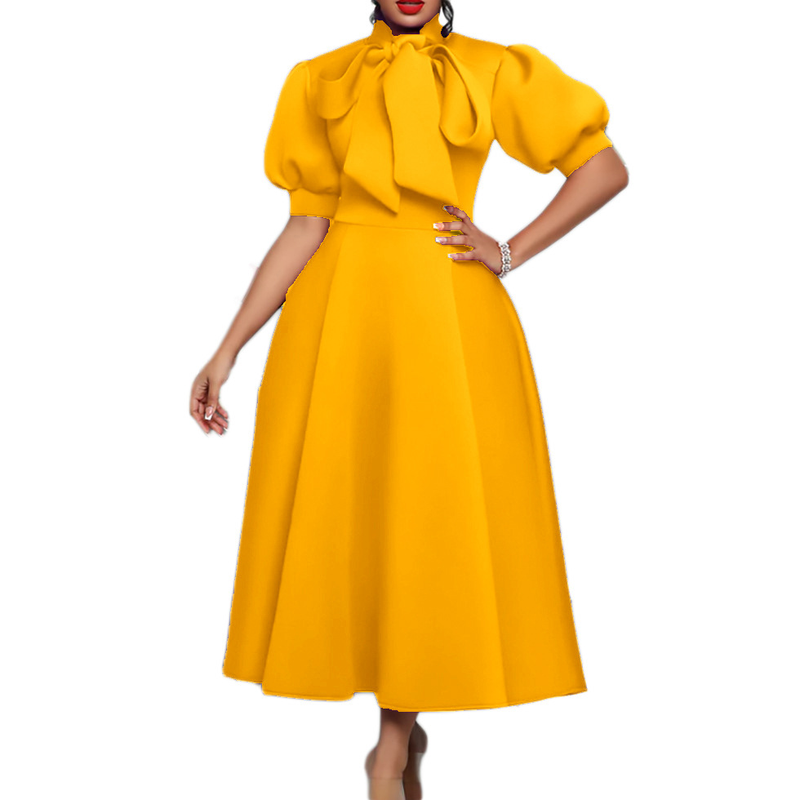 Rochie de banchet pentru femei de marime mare de vara nou bowknot doamnelor de culoare solida fusta cu maneca scurta _voghion.com
