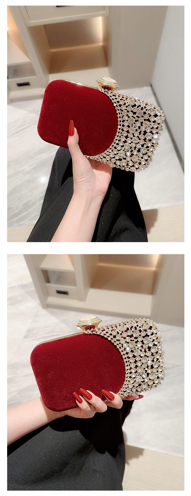 Neue Velvet Premium Box Damen-Abendtasche mit quadratischen Knöpfen und Bankett-Handtasche_voghion.com