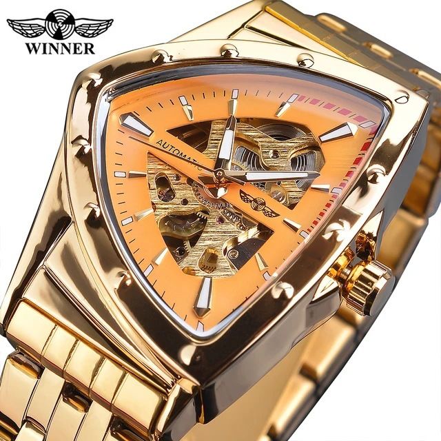 Relógio mecânico automático triangular esqueleto masculino moderno - Pulseira de aço inoxidável, cristal mineral, várias opções de cores_voghion.com