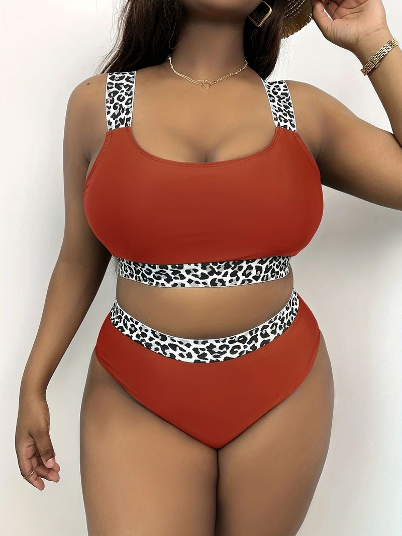New Fat Mm Large Tank Top Solid Color Leopard Pattern Spliced High Waist Bikini DM326_voghion.com