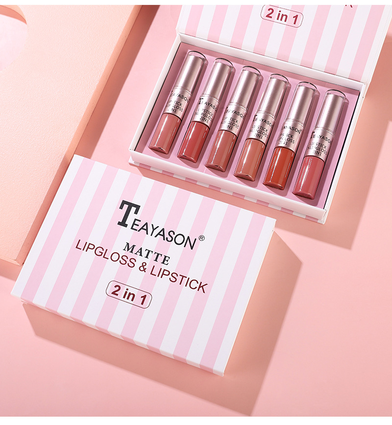 6-Piece Dual-Ended Non-Stick Matte Lip Color Set - Two-in-One Lip Gloss & Lipstick In Nude Mauve Shades, Ideal For Women_voghion.com