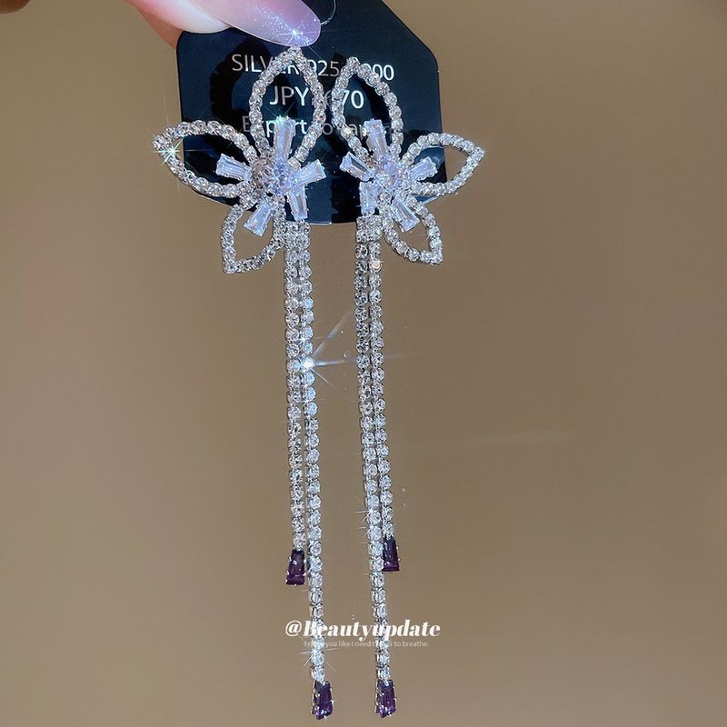 Orecchini pendenti con nappa a forma di fiore cavo in zircone con ago in argento, eleganti e raffinati, leggeri e di lusso._voghion.com