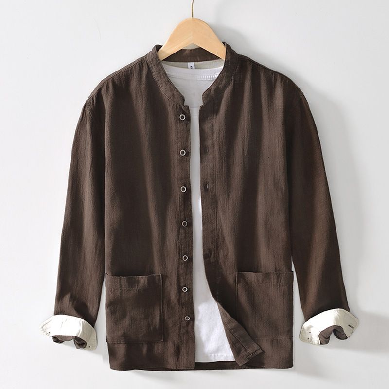 Camicia a maniche lunghe in ramiè con colletto alto in stile cinese, camicia casual in lino traspirante per uomo_voghion.com
