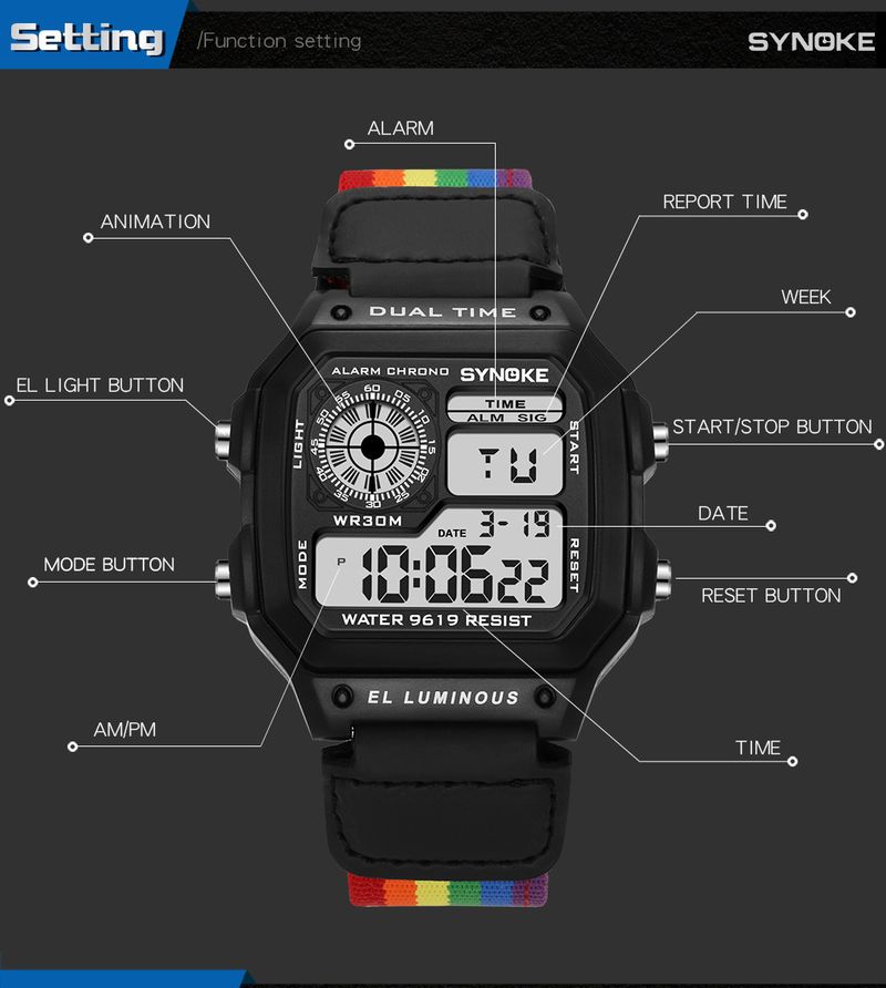 Nylon canvas with three-ring buckle retro electronic watch luminous waterproof sports men's square classic student watch_voghion.com