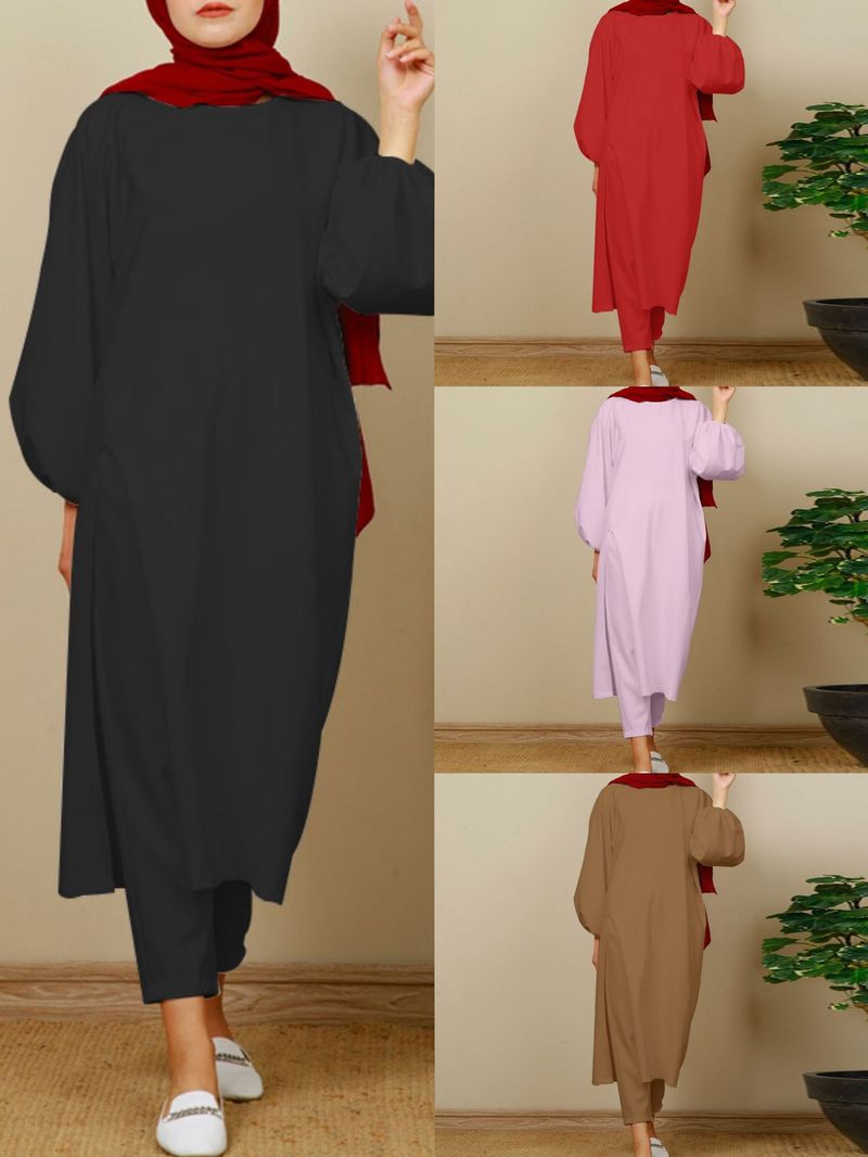 Damenbekleidung aus dem Nahen Osten, Muslim, bequem, lässig, einfarbig, langärmelig, Rundhalsausschnitt, geteilter Hosenanzug auf Lager_voghion.com