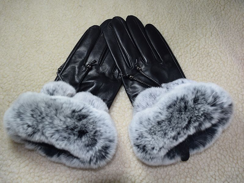 Gants en cuir véritable avec doublure polaire, bordure en fourrure de lapin Rex, marque, cyclisme, résistants au froid, chauds, hiver femme_voghion.com