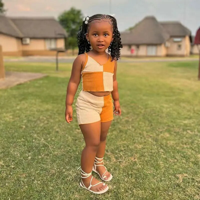 Ensemble de vêtements d'été pour bébés filles de 1 à 8 ans, haut court sans manches + short en Patchwork, pantalons pour enfants, tenues décontractées_voghion.com