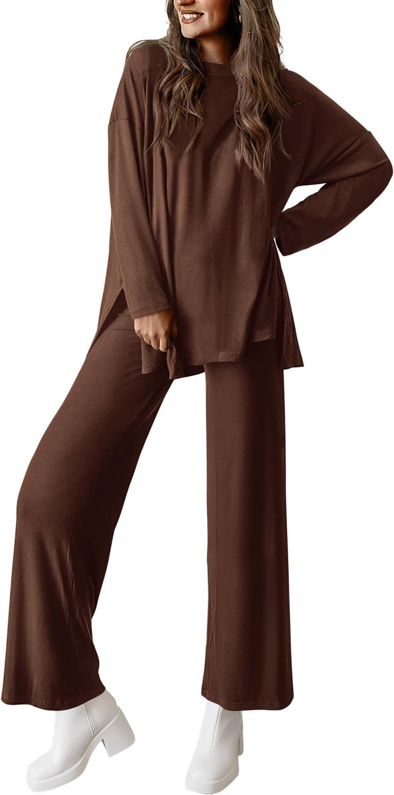 Women's Casual Lounge Set With Split Hem Pants & Long Sleeve Top – Soft Polyester Spandex Comfort Outfit In 12 Colors_voghion.com