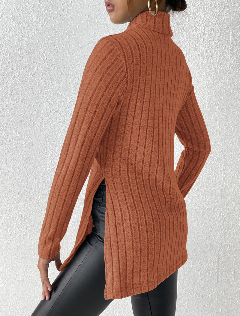 Women's turtleneck pullover slit slim-fit base pit striped medium length_voghion.com