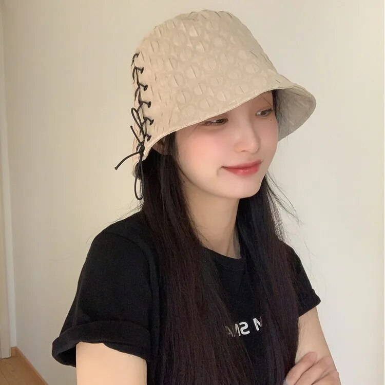 Chapeau de pêcheur à bretelles pour fille très douce, nouveau printemps et été, Style coréen, doux et polyvalent, couvrant le visage, Protection solaire, chapeau seau respirant_voghion.com