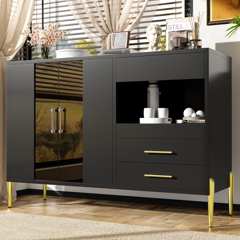 Credenza Schwarz Mit Tealfarbener Glastür, Kristallgriffen, Goldene Beine_voghion.com