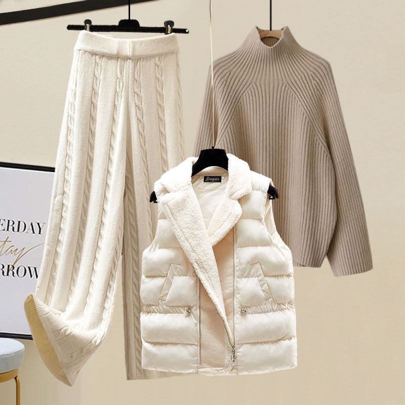 Îmbrăcăminte pentru femei Costume de toamnă și iarnă pentru femei de mărime mare, îmbrăcăminte exterioară de stil nou, vestă îngroșată, pulover tricotat, pantaloni largi, costum trei piese_voghion.com