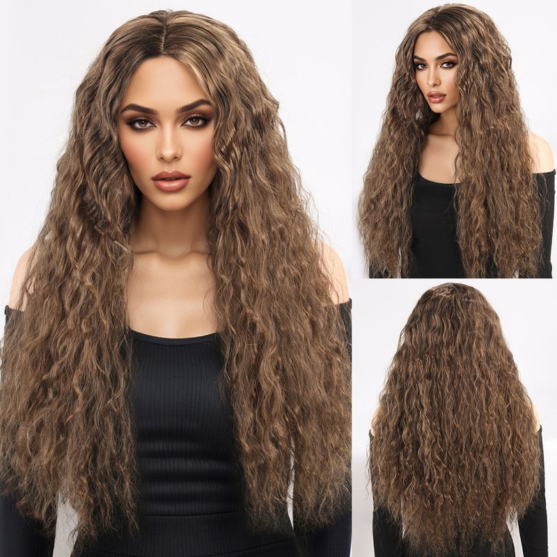 Parrucca con extension per capelli, nuova parrucca per donna, capelli neri ricci alla moda, ondulati, ricci di mais, riga centrale, frangia, copricapo completo._voghion.com