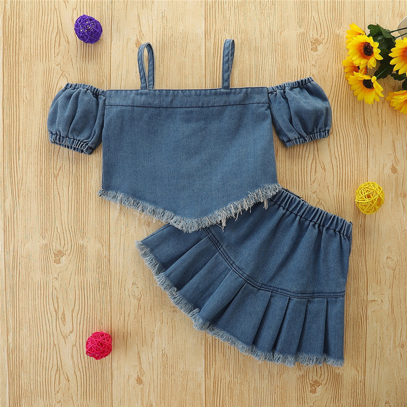 Vêtements pour bébés filles, costume pour petits et moyens enfants, haut en denim à une épaule, jupe-culotte courte, ensemble deux pièces_voghion.com