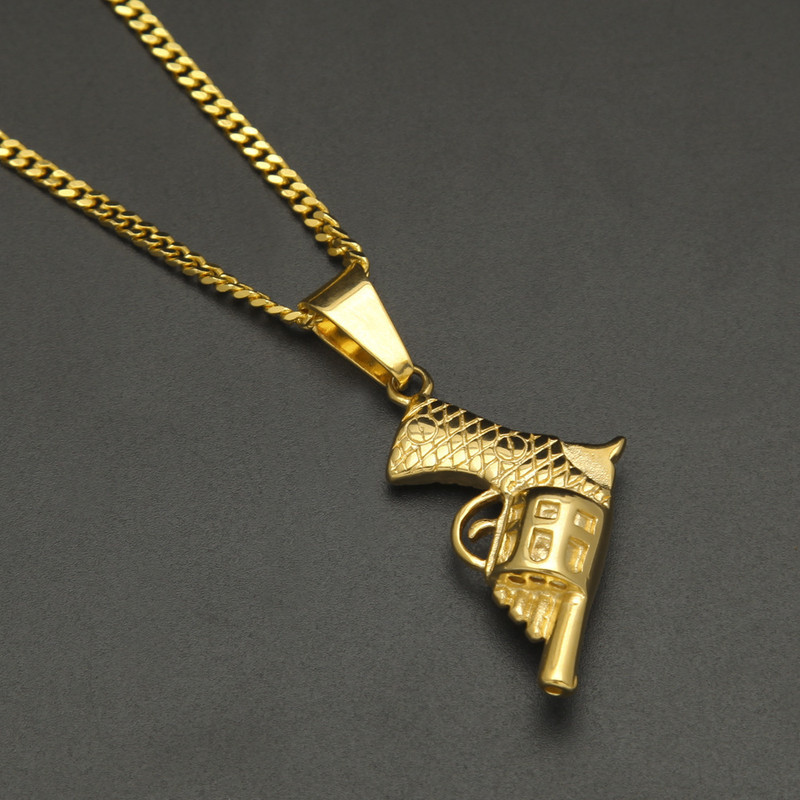 Herren-Hip-Hop-Halskette mit Pistolenanhänger aus Edelstahl – kubanische Kette mit kantigem geometrischem Design für Freizeit- und Streetwear-Modepulloverkette, passender Schmuck_voghion.com