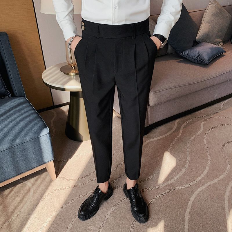 Pantaloni napoletani da uomo nuovi di zecca, in twill strutturato, con vita a pieghe, design casual a nove punte, vita media e alta_voghion.com