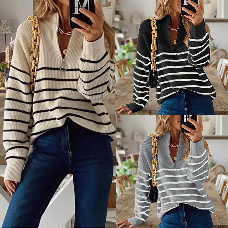 Abbigliamento da donna Maglione maglione pullover con cerniera da donna a maniche lunghe a righe color block a collo alto_voghion.com