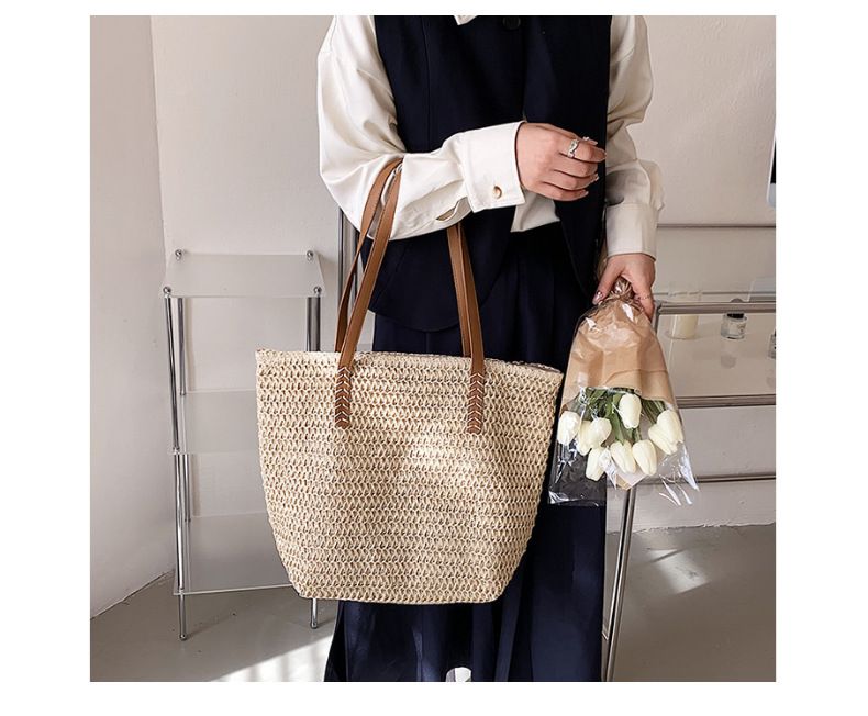 Borsa a mano casual francese di grande capacità della serie Forest 2024 Borsa a tracolla singola in paglia intrecciata da spiaggia estiva sottobraccio_voghion.com