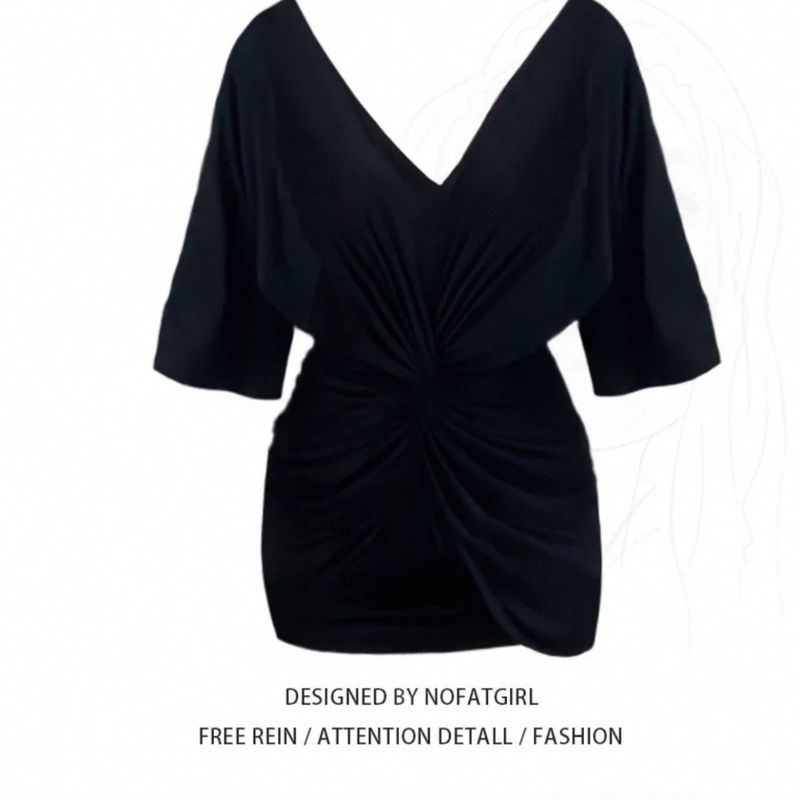 Plus Size Pure Desire Hot Girl Style V-Ausschnitt Kurzarm für Frauen Sommer Neue Taillen-Cinching gerüschte Stretch Bodycon Mini_voghion.com