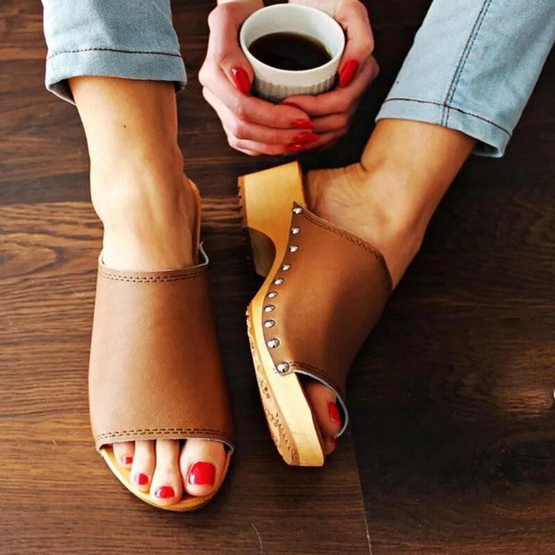 Frauen Sommer Slides Pantofle 2023 Rom Stoff PU Huf Heels Gummi Schuhe Frau 2021 Weibliche Hausschuhe Niedrigen Neue S_voghion.com