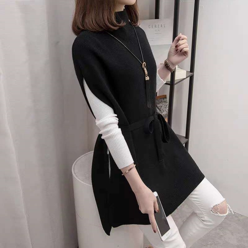 Half High Collar Mid-Length Vest For Women 2024 Spring New Loose Sweater Outerwear Stylish Pullover Knitted Top_voghion.com