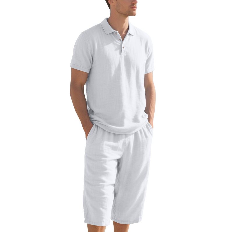 Polo da uomo estivo, casual, ampio, traspirante, in lino, con maniche corte e pantaloni a sette quarti_voghion.com