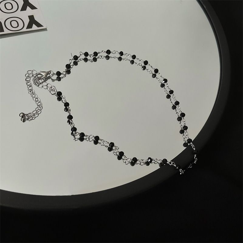 Süße, coole, doppelt gestapelte Halskette mit schwarzem Edelstein für Damen, Nischen-Premium-Design, Schlüsselbeinkette, Spice Girl-Halskette, Gezeiten-Accessoires_voghion.com