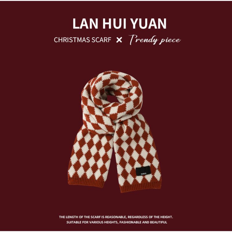 Red Christmas Knitted Scarf For Women Winter Korean Version Versatile Plaid New Year Thickened Warm Student Trendy_voghion.com