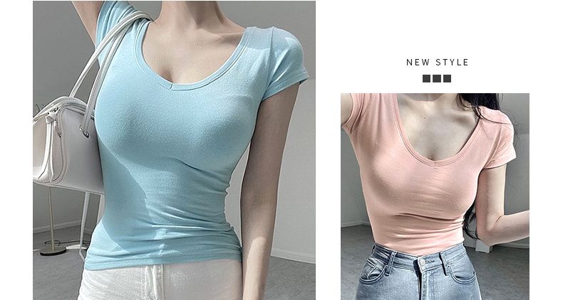 hot selling 2024 Vrouwen Sho Mouwen T-shi V Hals Zwart Wit Tshi Vrouwelijke Basic Effen Kleur Skinny Top Tees Zomer Bottoming_voghion.com