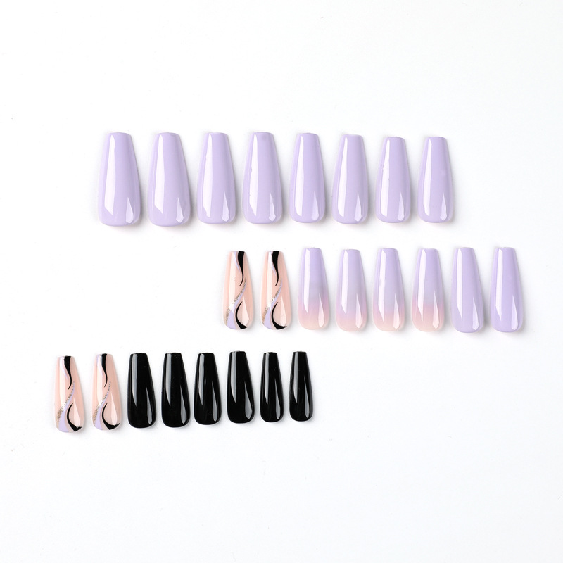 False 24Pcs Acrylic Nails with Glue Wave Line Designs Long Ballet Fake Nails Gradient Coffin Full Cover Nail T_voghion.com