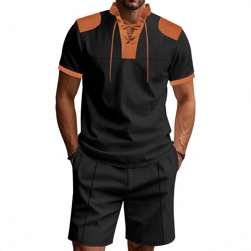 Cross-border Independent Station American Summer Casual Men's Tether Loose Henry Western Denim Waffle Short Sleeve Suit_voghion.com